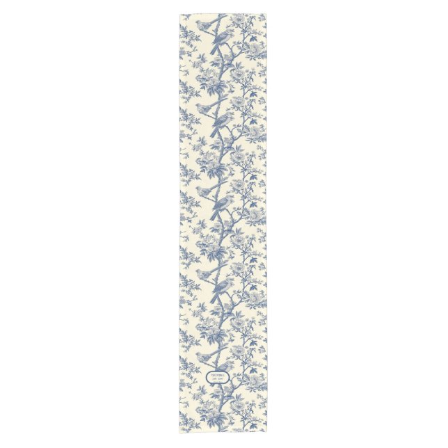 Birdsong Cobalt und Cream Toile de Jouy Kurzer Tischläufer (Vorderseite)