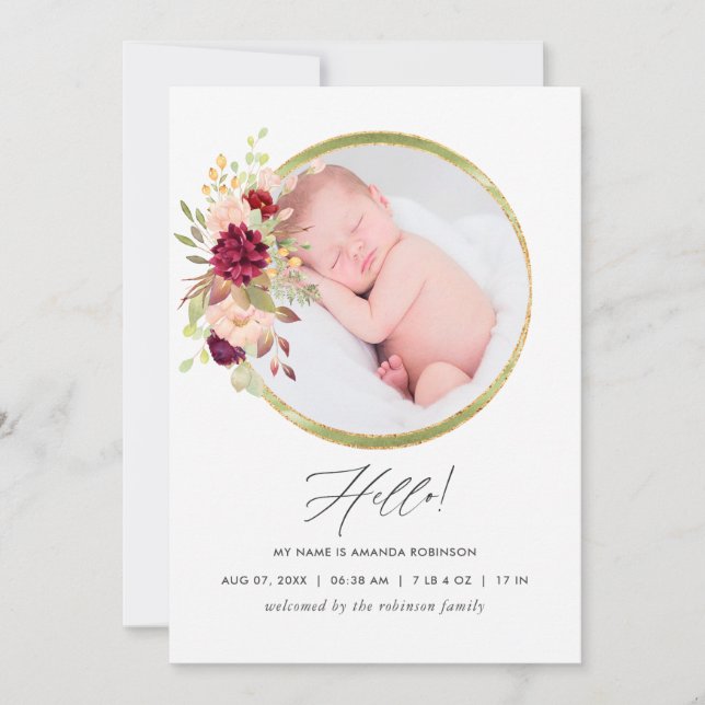 Birgundy-Marsala und Blush Birth Announcement Card Ankündigung (Vorderseite)