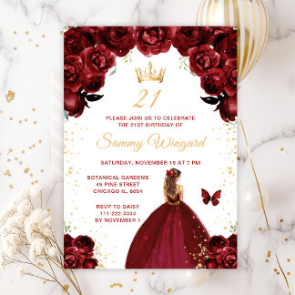 Birgundy Red Brown Hair Princess Birthday Party Einladung