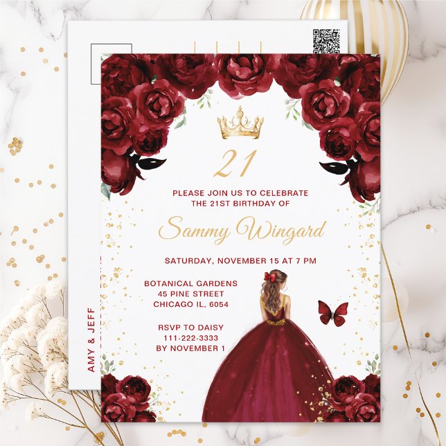 Birgundy Red Brown Hair Princess Birthday Party Postkarte (Von Creator hochgeladen)