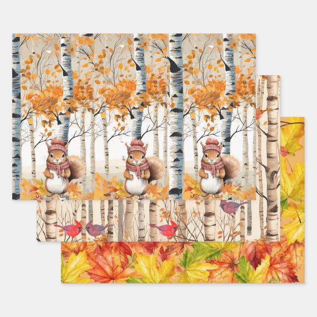 Birkenbäume, Rote Kardinäle und Chipmunks Geschenkpapier Set (Set)