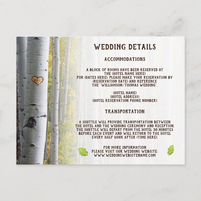 Birkenbaumherz Initialen rustikale Hochzeitdetails Einladungspostkarte (Vorderseite)