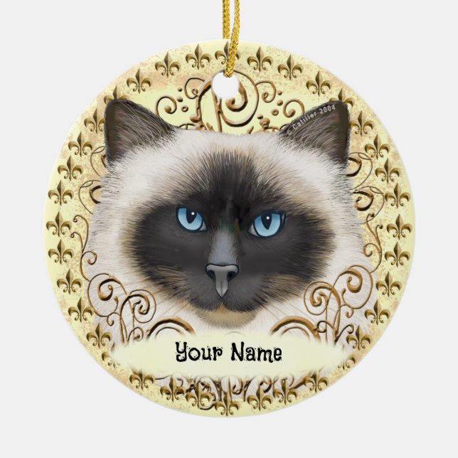 Birman Cat Fleur De Lis  Keramik Ornament (Vorne)