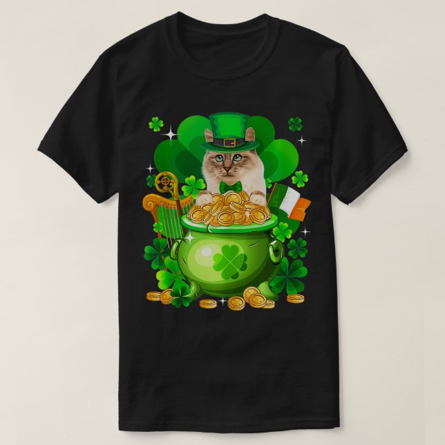 Birman Cat Gold Pot Kleeblatt St Patricks Day T-Shirt (Design vorne)