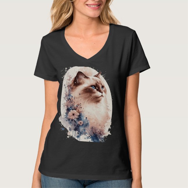 Birman Cat Japanese Cherry Blossom Floral Cat Bree T-Shirt (Vorderseite)