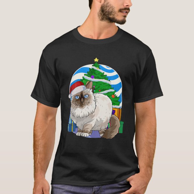 Birman Cat Niedlich Santa Christmas Tree Dekoratio T-Shirt (Vorderseite)
