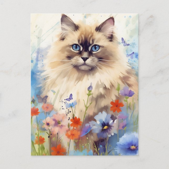 Birman Cat umgeben von Blume Postkarte (Vorderseite)