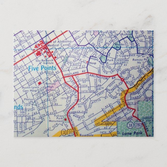 BIRMINGHAM, AL Vintag Map Postkarte (Vorderseite)