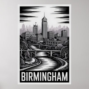 Birmingham Alabama Skyline Schwarz Weiß Holzschnit Poster