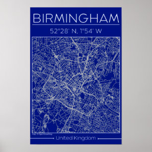 Birmingham Blueprint Stadtplan Poster Minimal Wand