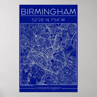 Birmingham Blueprint Stadtplan Poster Minimal Wand