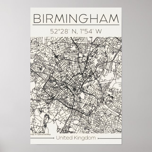 Birmingham City Map Poster – Modern Minimal Urban  (Devant)