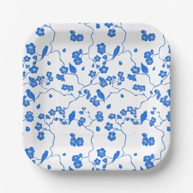 Birnen auf Kirschblüten Blauer Druck Pappteller (Vorderseite)