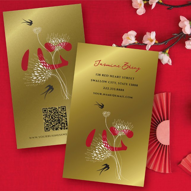 Birnen schlucken & Chinesisch Herz Orientale Flora Visitenkarte (Swallow Birds & Chinese Heart Oriental Floral Gold Business Card @ fat_fa_tin)