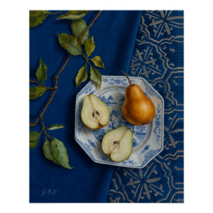 Birnen-Stillleben Blaues Textil Ölgemälde Poster