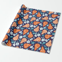 Birnen und Blüten in Orange und Blau