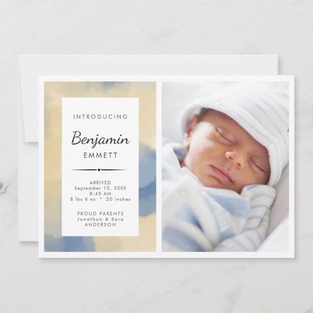 Birth Announcement Boy Blue Watercolor Foto Ankündigung (Vorderseite)