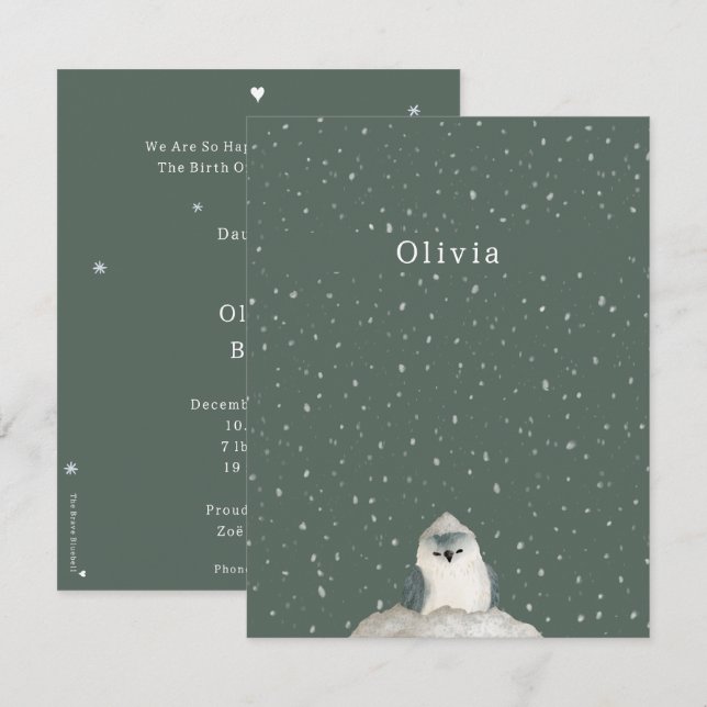 Birth Announcement Card Little Bird In The Snow Mitteilungskarte (Vorne/Hinten)