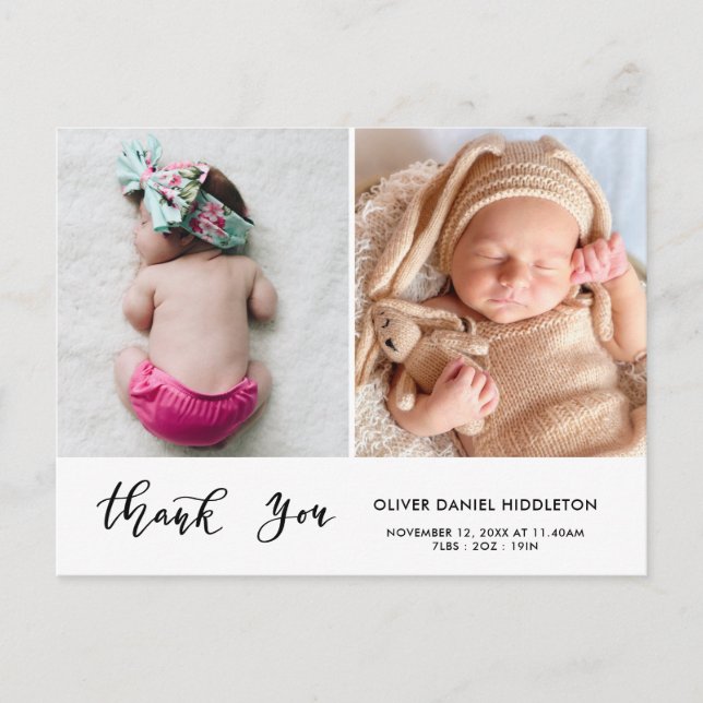 Birth Announcement Thank You Modern Script Photo Ankündigungspostkarte (Vorderseite)