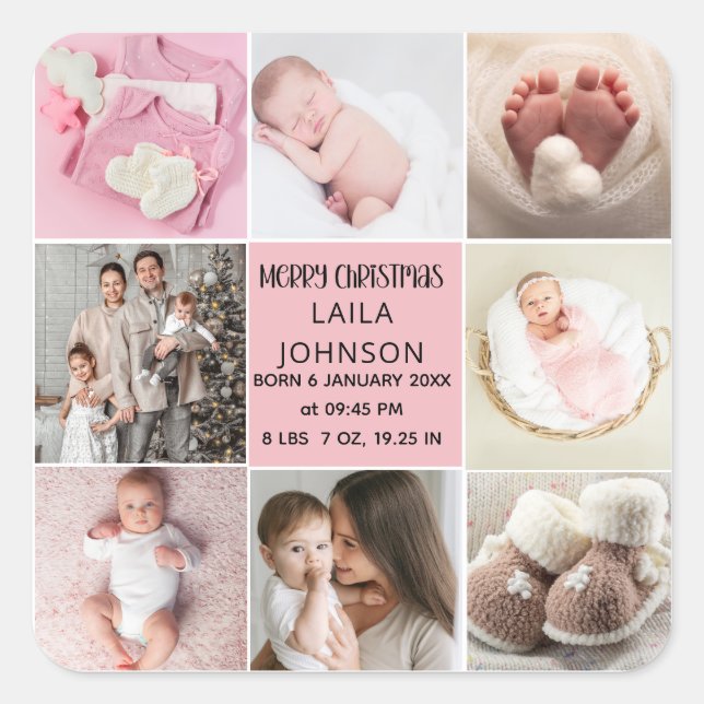  Birth Announcment Personalize 8 Photo christmas Quadratischer Aufkleber (Vorderseite)