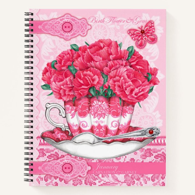 Birth Blume und Gem January Lace Lrge Notizbuch (Vorderseite)