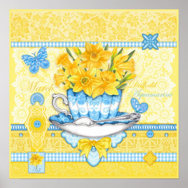 Birth Blume und Gem März Teacup Poster (Vorne)