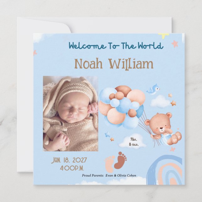 BIRTH PHOTO ANNOUNCEMENT- TEDDY BEAR BALOONS EINLADUNG (Vorderseite)
