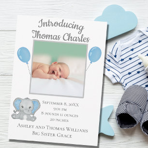 Birth Stats Baby Boy Blue Elephant Baby Ankündigung