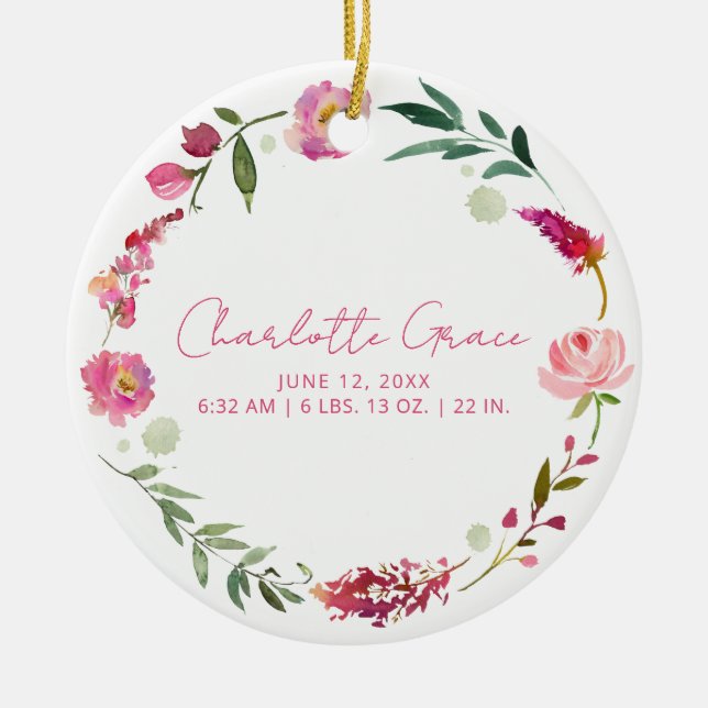 Birth Stats Baby Foto Pink Aquarell Floral Keramik Ornament (Vorne)