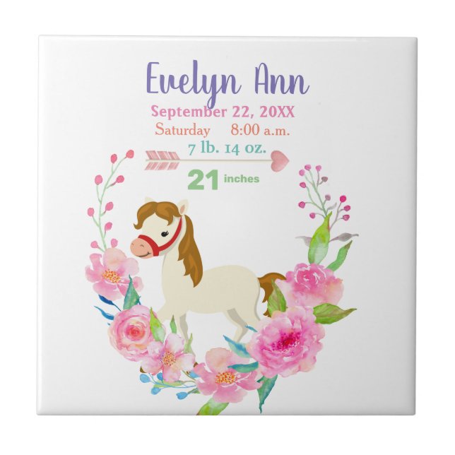 Birth Stats Baby Girl Pink Horse Fliese (Vorderseite)