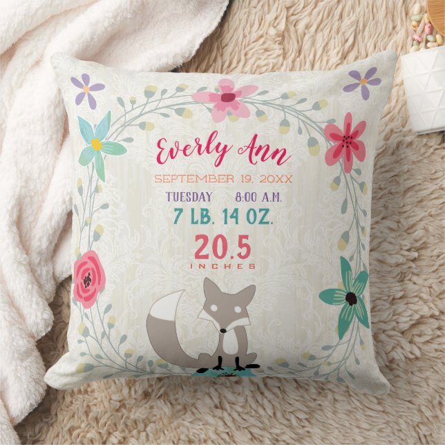 Birth Stats Baby Girl Woodland Forest Creature Fox Kissen (Decke)