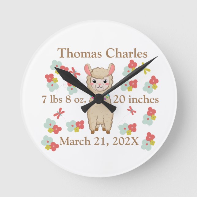 Birth Stats Baby Llamas Flowers Butterflies  Runde Wanduhr (Vorderseite)