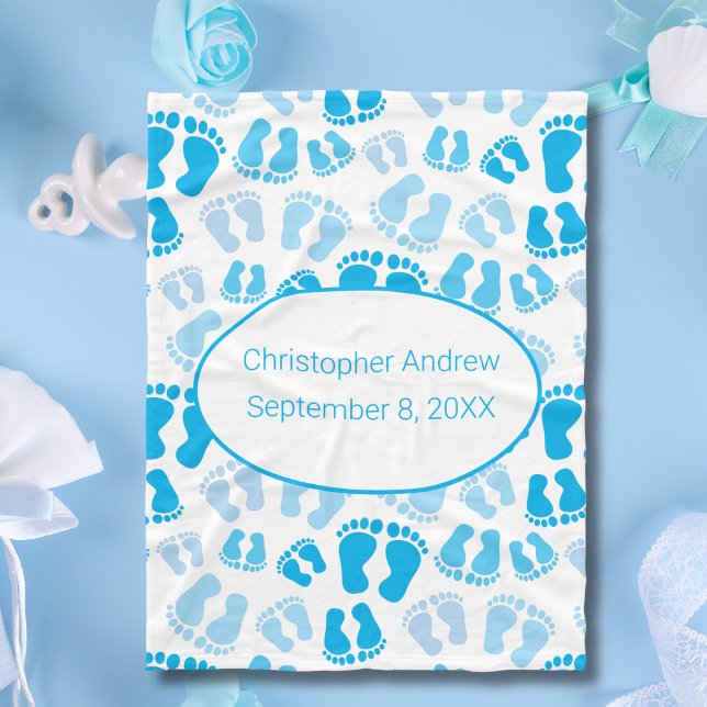 Birth Stats Blue und White Baby Feet Baby Blanket Fleecedecke (Blue Baby Feet Birth Stats Personalized Baby Blanket for Baby Boy. Baby Shower Gift, Gift new baby)