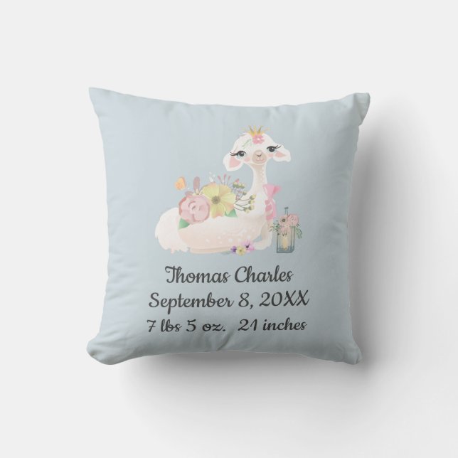 Birth Stats Blue White Llama Baby Boy Gift Kissen (Vorderseite)