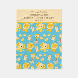 Birth Stats Blue Yellow Jungle Safari Animals Boy Fleecedecke