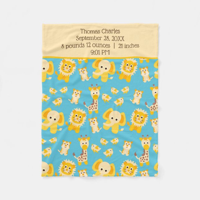 Birth Stats Blue Yellow Jungle Safari Animals Boy Fleecedecke (Vorderseite)