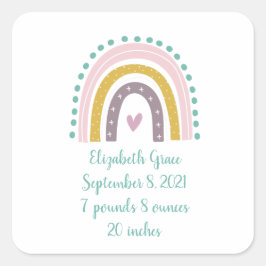 Birth Stats Boho Rainbow Pink Aquamarine Goldene H Quadratischer Aufkleber