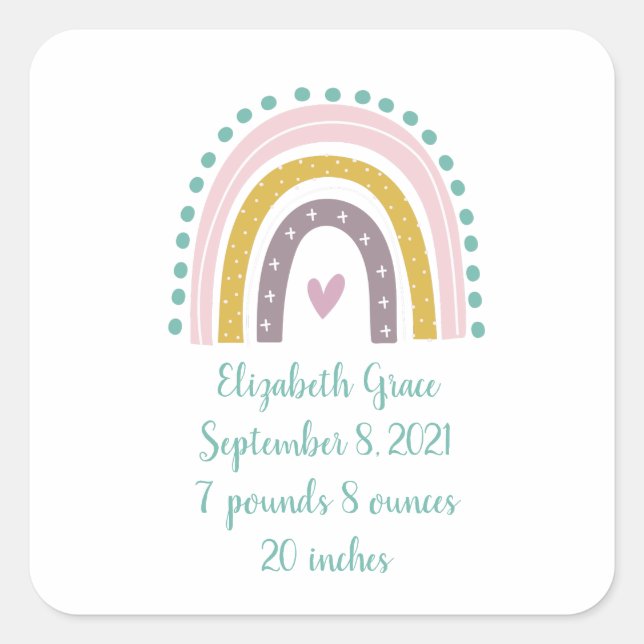 Birth Stats Boho Rainbow Pink Aquamarine Goldene H Quadratischer Aufkleber (Vorderseite)