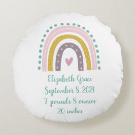 Birth Stats Boho Rainbow Pink Aquamarine Goldene H Rundes Kissen