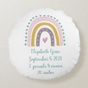 Birth Stats Boho Rainbow Pink Aquamarine Goldene H Rundes Kissen