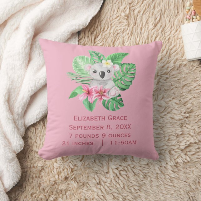 Birth Stats Koala Bear Pink Grüne tropische Blume Kissen (Decke)