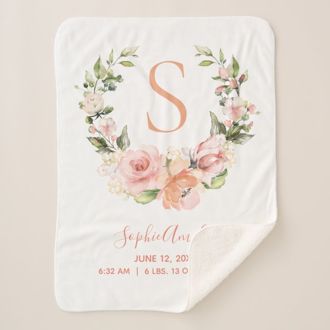 Birth Stats Peachy Coral Rose Floral Wreath Sherpadecke (Vorderseite)