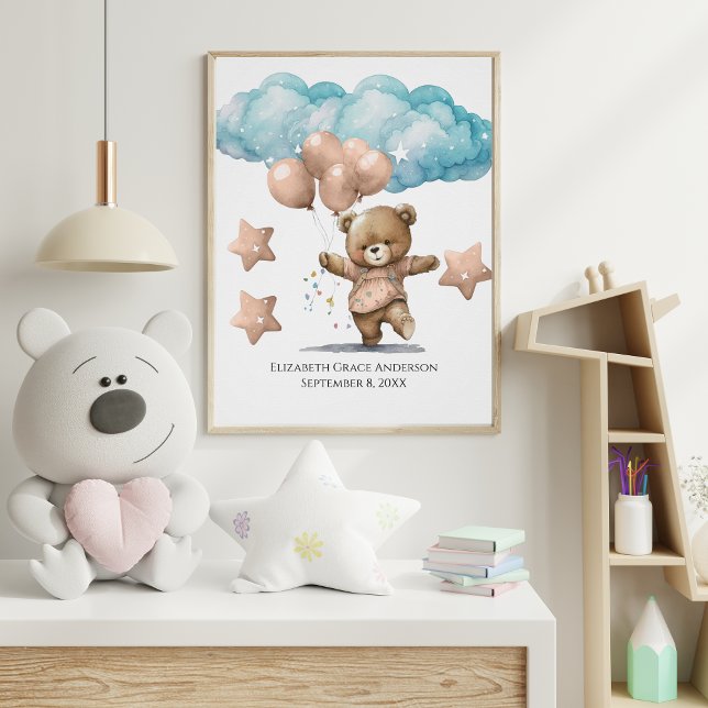 Birth Stats Pink Baby Bear Clouds Kinderzimmer Wal Poster (Von Creator hochgeladen)