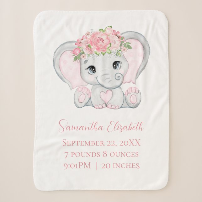 Birth Stats Pink Baby Elephant Baby Blanket Sherpadecke (Vorderseite)