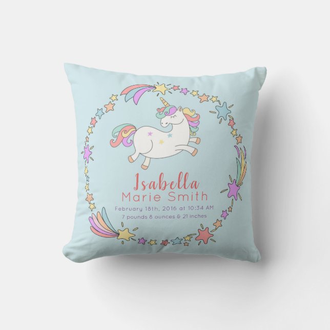 Birth Stats Unicorn Kinderzimmer Kissen (Vorderseite)