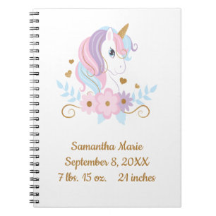 Birth Stats Unicorn Pink Blue Gold, Girl Notizblock