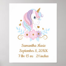 Birth Stats Unicorn Pink Blue Gold, Girl