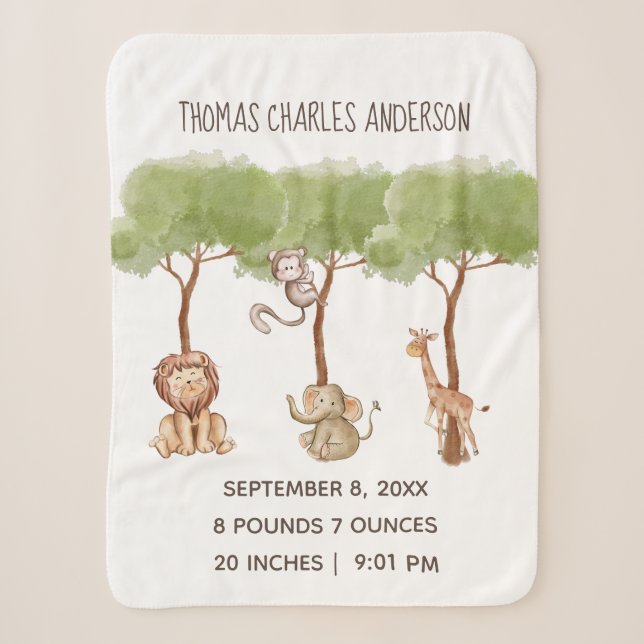Birth Stats Woodland Jungle Safari Animals Baby Sherpadecke (Vorderseite)