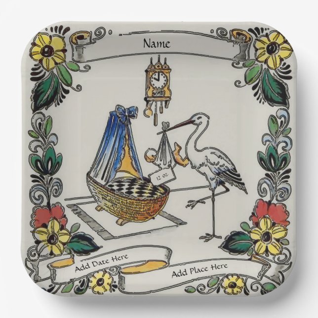 Birth Tile, Dutch Look, Personalize Pappteller (Vorderseite)