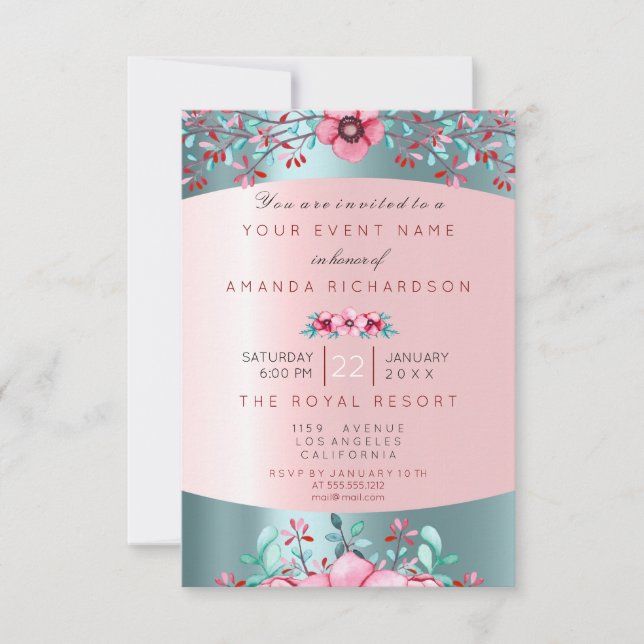 Birthay 16. Bridal Floral Pink Blau Wasser Aqua Einladung (Vorderseite)